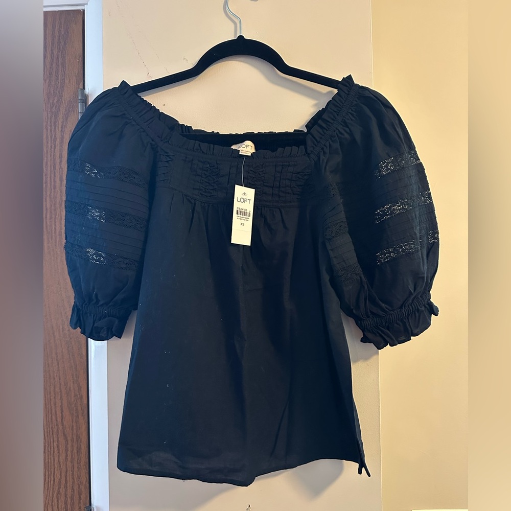 LOFT Elegant Black Lace Puff Sleeve Blouse